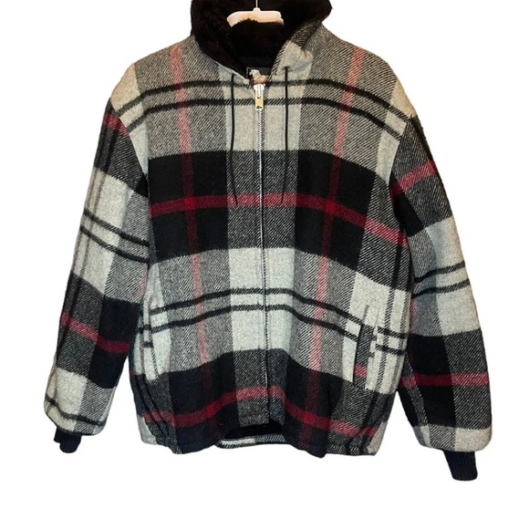 Woolrich VTG 50s 60s Grey Black & Red Plaid Faux Fur Lined Hooded Jacket 46/L